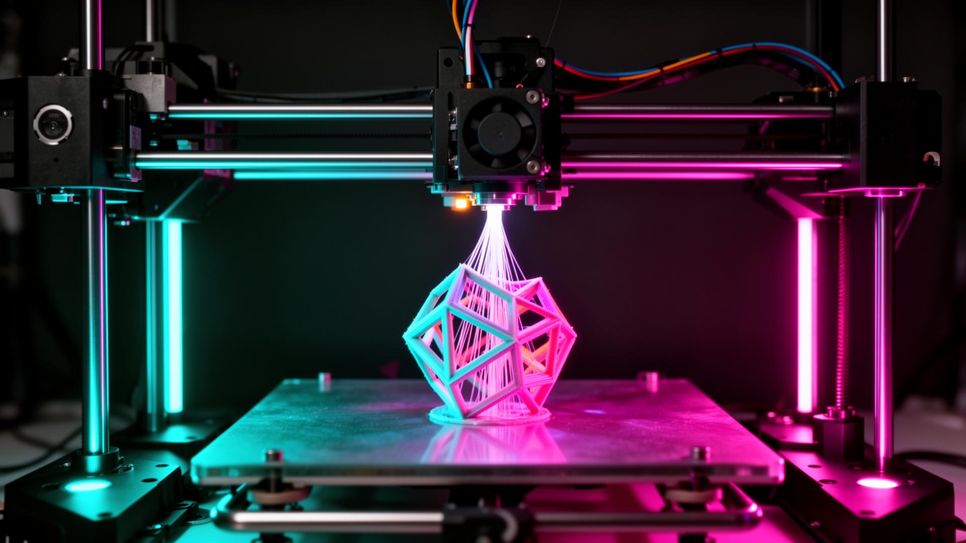 3D printer creating a geometric object with neon lighting